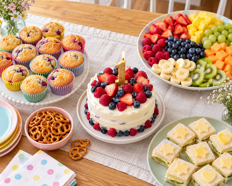 Einfaches Buffet zum ersten Geburtstag mit Beerentorte, Zahl-1-Kerze, bunten Muffins, Obstplatte, Brezeln und kleinen Sandwiches.