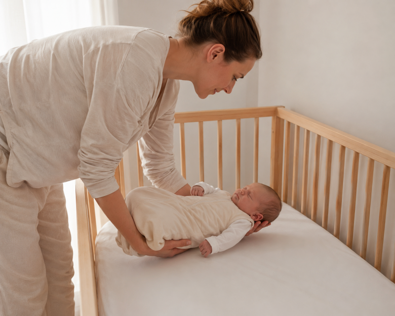 Mutter legt ihr schlafendes Baby vorsichtig auf den Rücken in ein leeres Babybett
