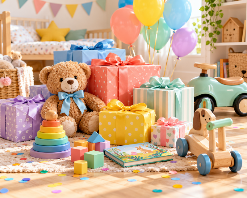 Farbenfrohe Geburtstagsgeschenke für Babys und Kleinkinder mit Teddy, Holzspielzeug, Bilderbuch, Rutschauto, Ballons und Konfetti.