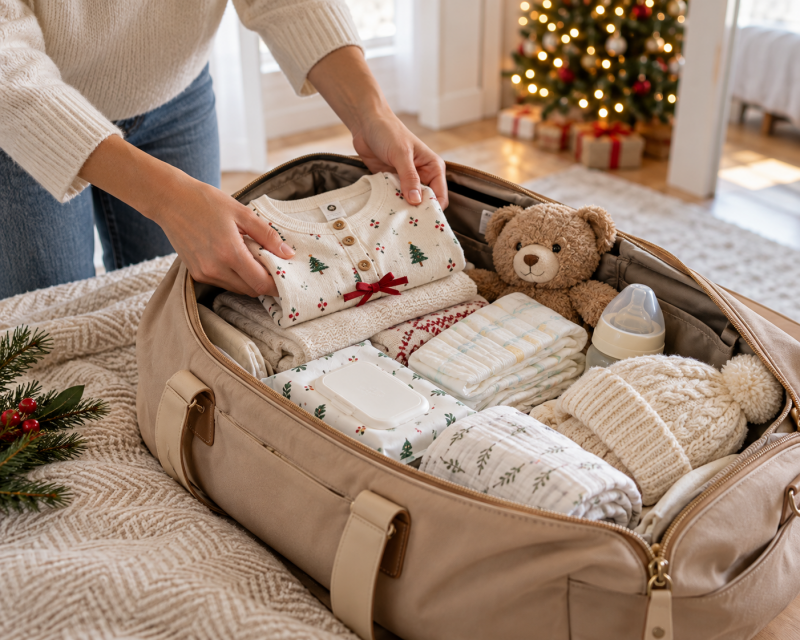 Geöffnete Reisetasche mit Windeln, Babykleidung, Fläschchen und Kuscheltier für einen Weihnachtsbesuch mit Baby.