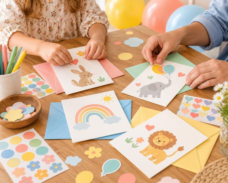 Kind und Erwachsene gestalten bunte Einladungskarten mit Tier-, Regenbogen- und Ballonmotiven für einen Kindergeburtstag.