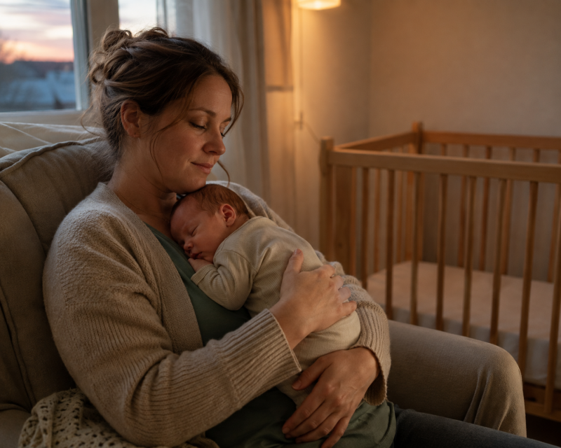 Mutter hält ihr schlafendes Baby auf dem Arm neben einem leeren Babybett