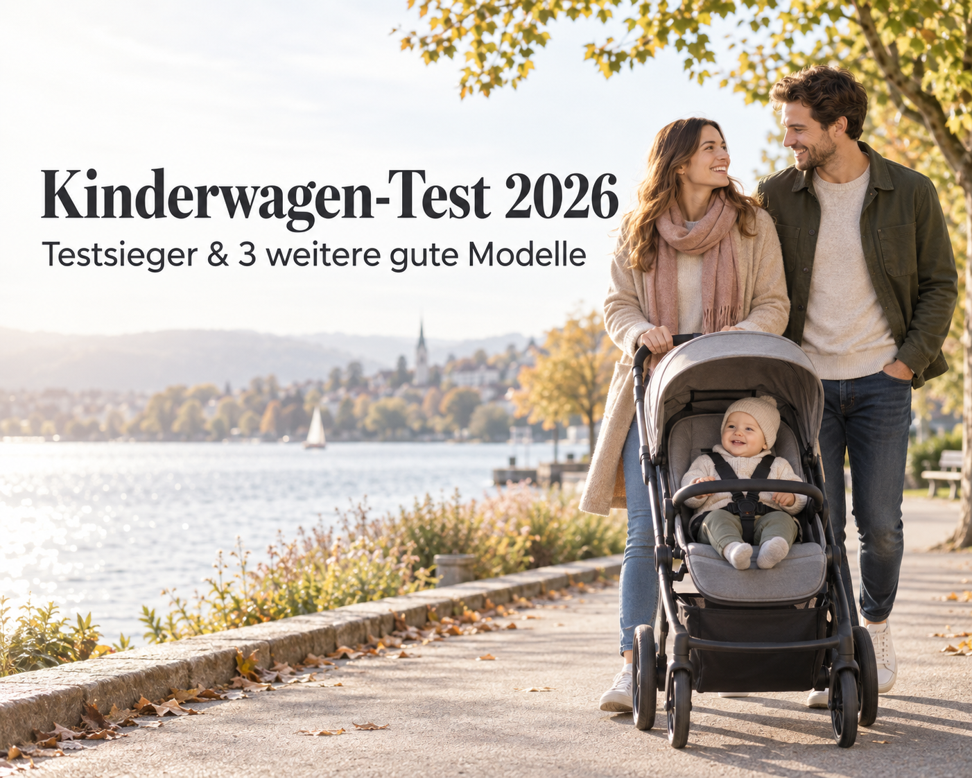 „Kinderwagen-Test 2026: Eltern mit Baby im Kinderwagen – Testsieger und drei weitere gute Modelle im Vergleich.“
