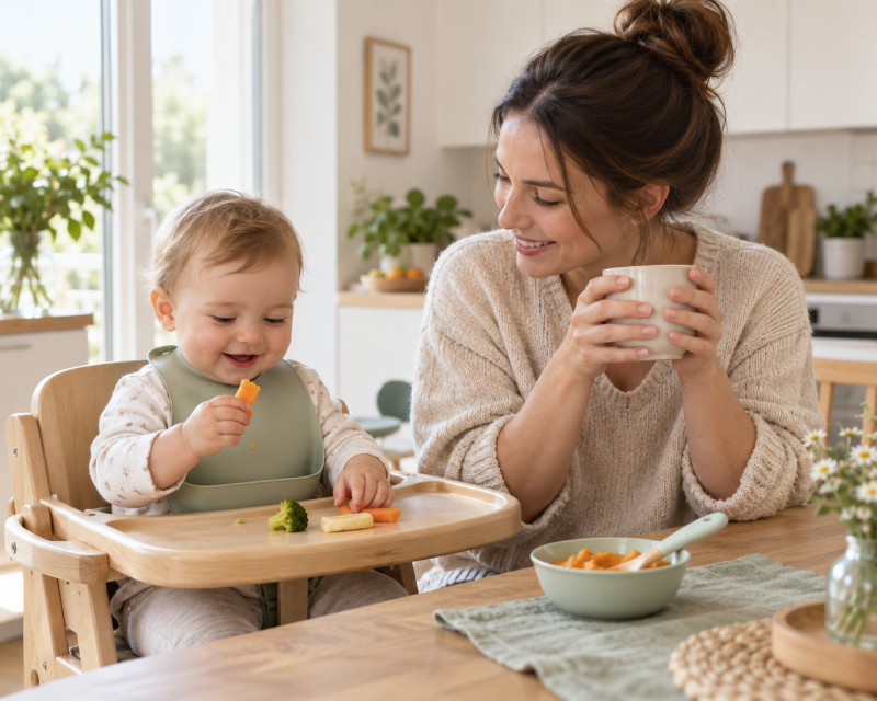 „Baby entdeckt weiches Fingerfood, während die Mama aufmerksam daneben sitzt“