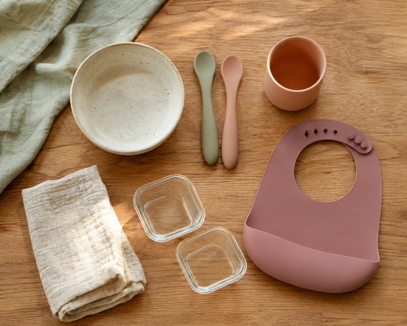 Einfache Grundausstattung für den Beikoststart mit Schale, Löffeln, Becher und Lätzchen