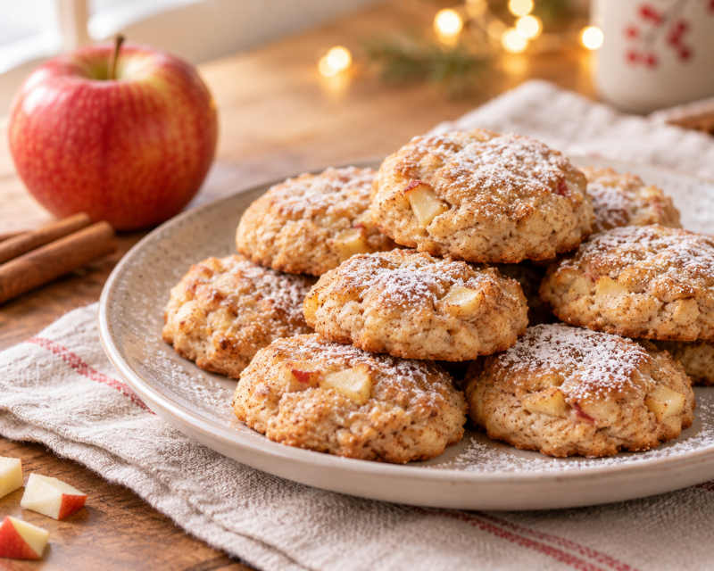 Weiche Apfel-Zimt-Plätzchen mit Puderzucker auf einem Teller, daneben ein Apfel und Zimtstangen.