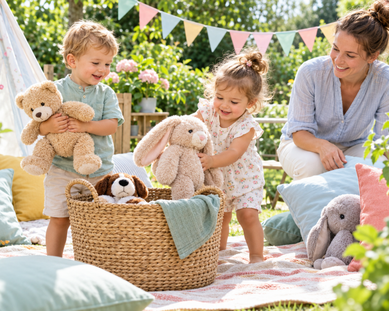 Zwei kleine Kinder sammeln bei einem Kindergeburtstag große Kuscheltiere in einem Korb im Garten.
