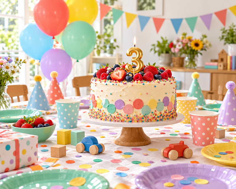Bunter Geburtstagstisch zum dritten Geburtstag mit farbenfroher Torte, Zahl-3-Kerze, Ballons, Partyhüten und Holzspielzeug.
