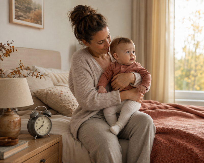Mama hält ihr Baby am frühen Morgen während der Zeitumstellung im Herbst