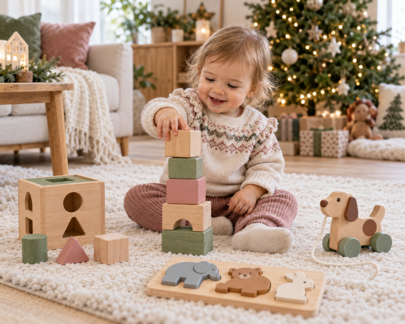 Kleinkind spielt an Weihnachten mit großen Holzbausteinen, einem Steckspiel, einem Holzpuzzle und einem Nachziehspielzeug.