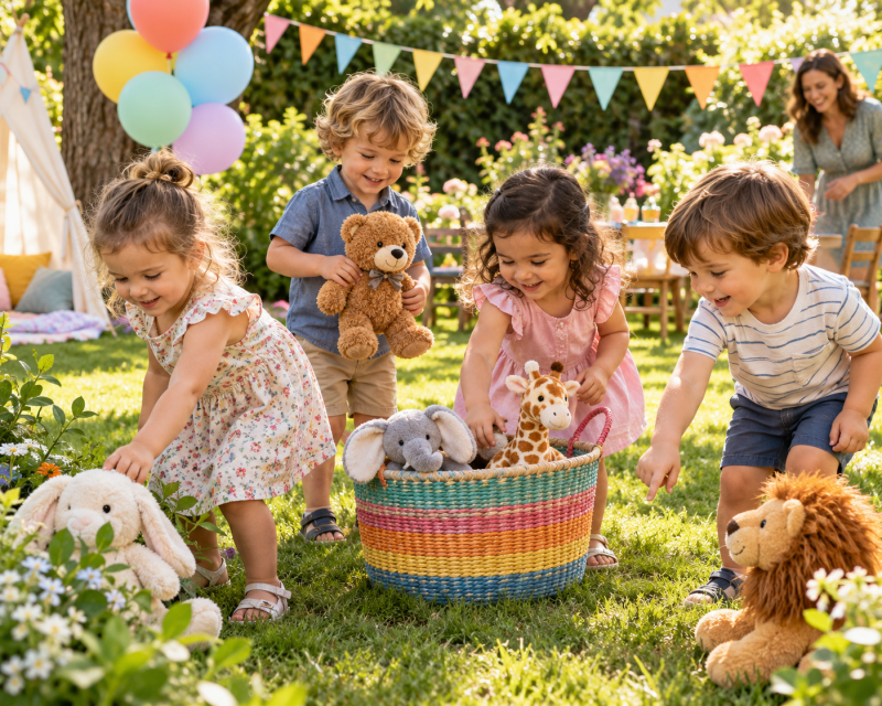 Vier Kinder suchen bei einer Kinderparty im Garten gemeinsam große Kuscheltiere