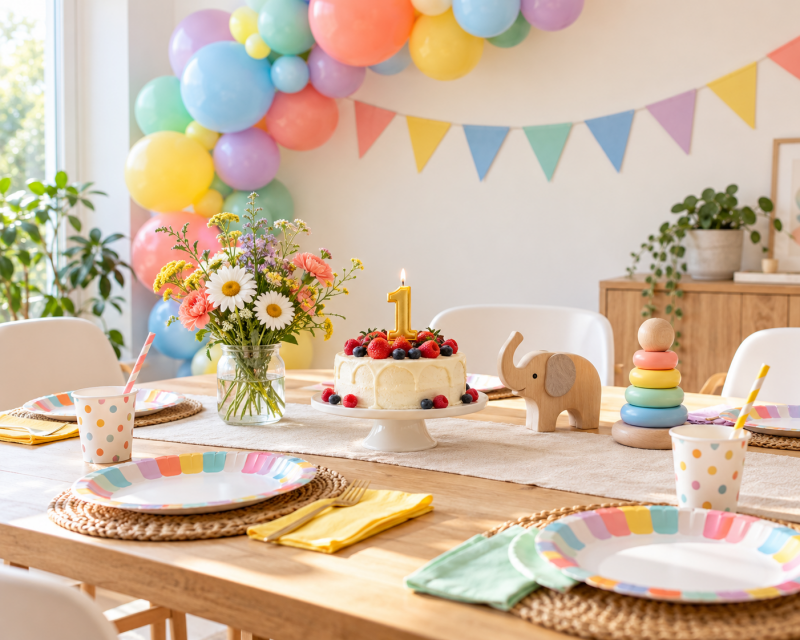 Farbenfroh dekorierter Tisch zum ersten Geburtstag mit Ballongirlande, Wimpelkette, Beerentorte mit Zahl-1-Kerze, Blumen und Holzspielzeug.