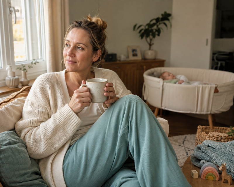 Mama genießt eine kurze Teepause, während ihr Baby im Beistellbett schläft