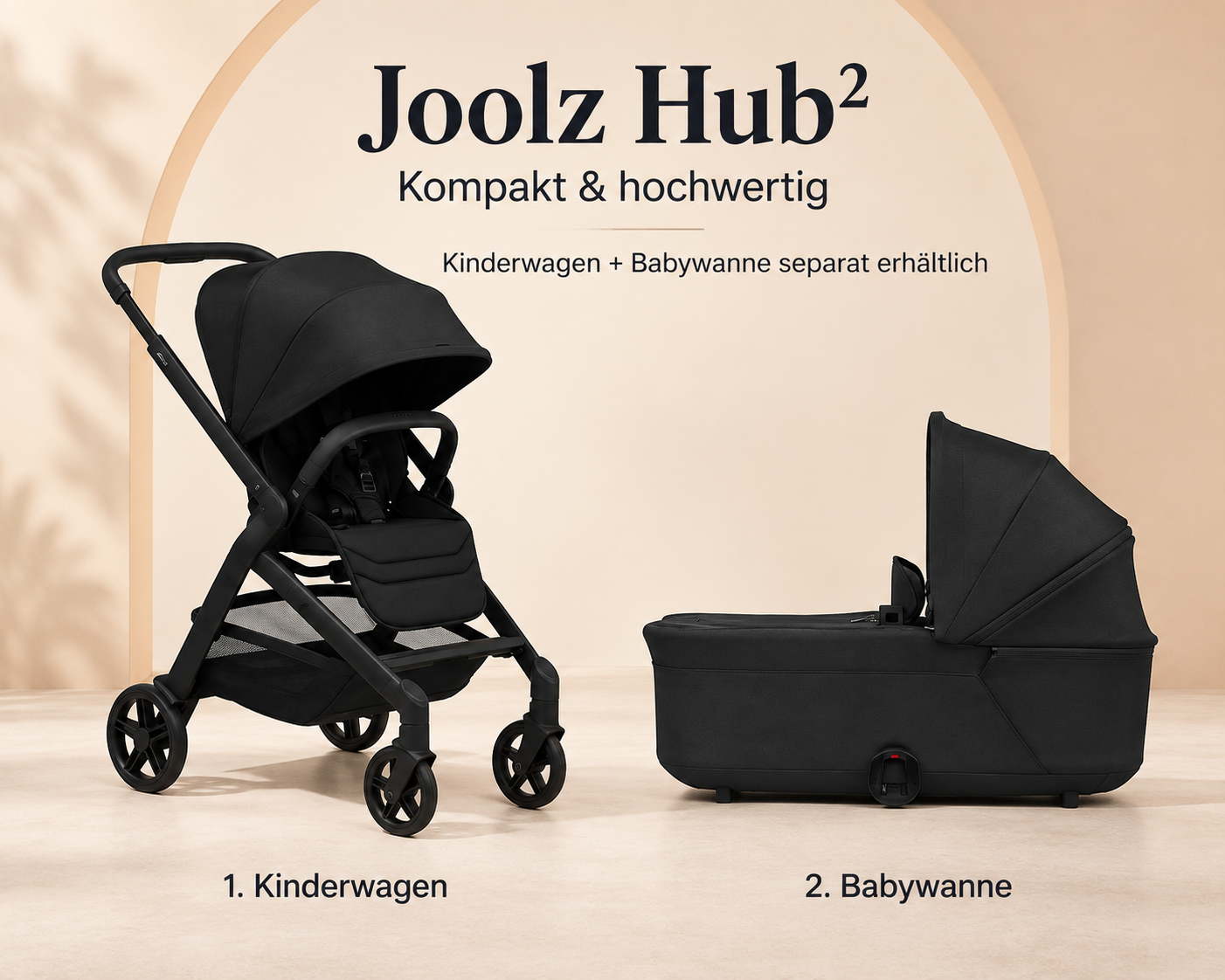 Joolz Hub² Kinderwagen mit passender Babywanne in Space Black – beide Produkte separat erhältlich.