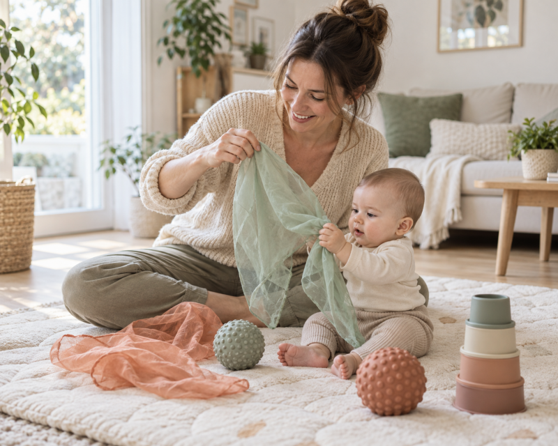 Mama spielt mit ihrem Baby mit sensorischem Spielzeug