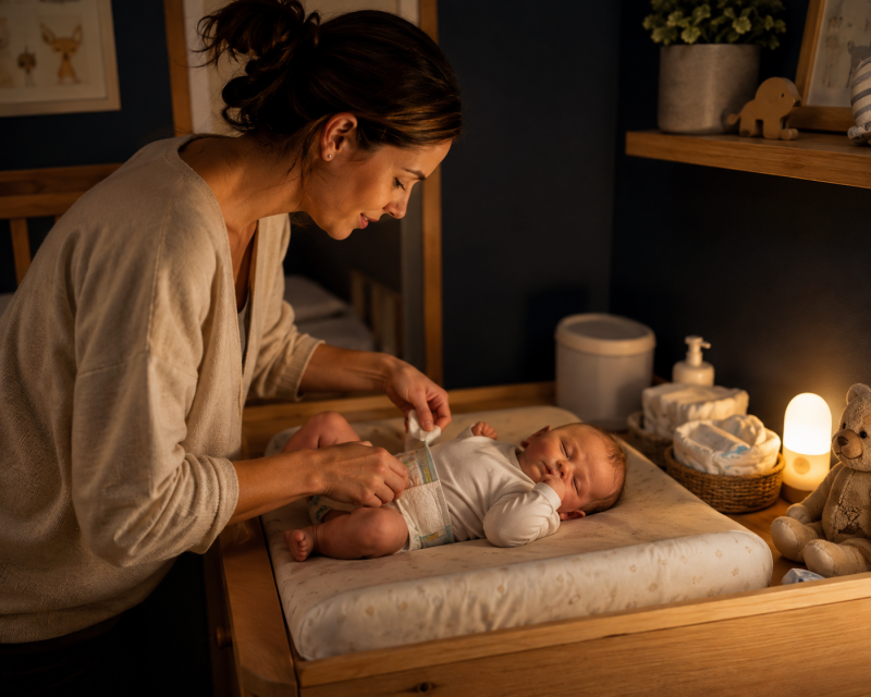 Mutter wickelt ihr schläfriges Baby nachts bei gedämpftem Licht