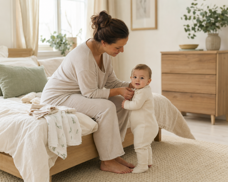 Mutter zieht ihrem Baby am Morgen in einem gemütlichen Kinderzimmer Kleidung an