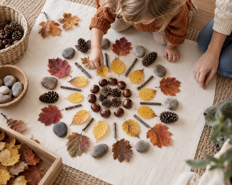 Kind legt Herbstmandala aus Blättern, Kastanien, Zapfen und Steinen