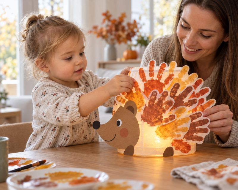 Mutter und Kleinkind basteln eine Igel-Laterne mit bunten Handabdrücken