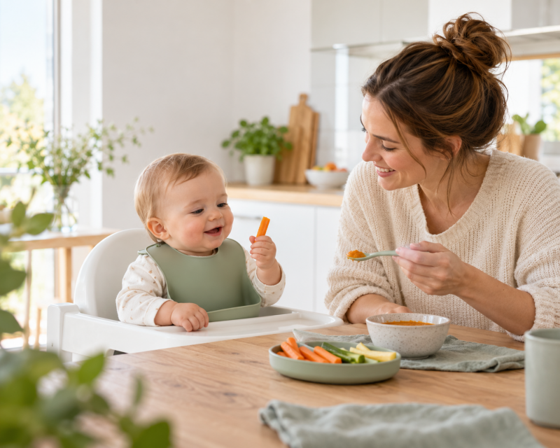 Mama begleitet ihr Baby beim entspannten Beikoststart am Esstisch mit Brei und weichem Gemüse.