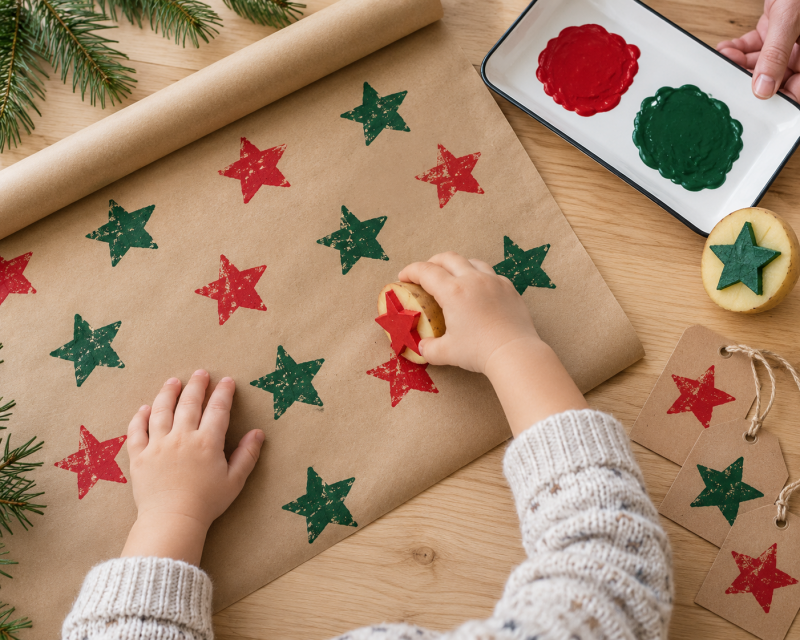 Kind bedruckt braunes Geschenkpapier mit roten und grünen Sternen aus Kartoffelstempeln.