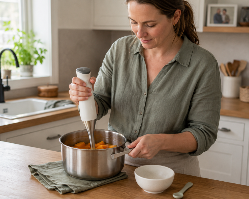 Mama püriert weich gegarten Kürbis für den ersten selbst gemachten Babybrei