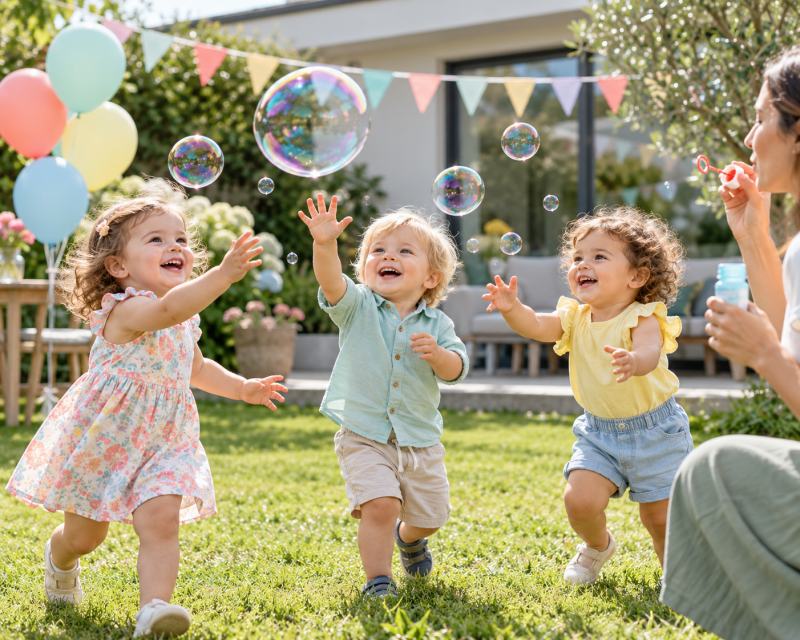 Kleine Kinder fangen bei einem Kindergeburtstag im Garten fröhlich Seifenblasen.