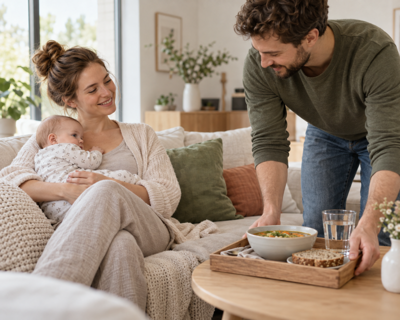 Partner stellt einer Mama mit Baby eine warme Suppe, Vollkornbrot und Wasser auf den Couchtisch.