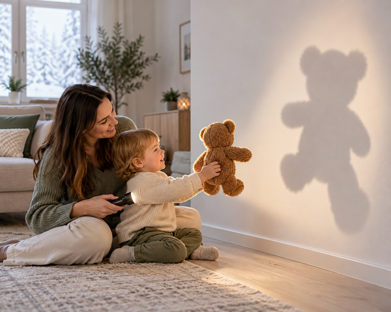 Mutter und Kleinkind entdecken mit einer Taschenlampe den Schatten eines Teddybären an der Wand