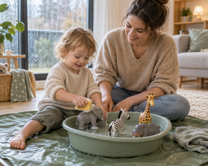 Kleinkind wäscht große Spieltiere in einer flachen Wasserschale