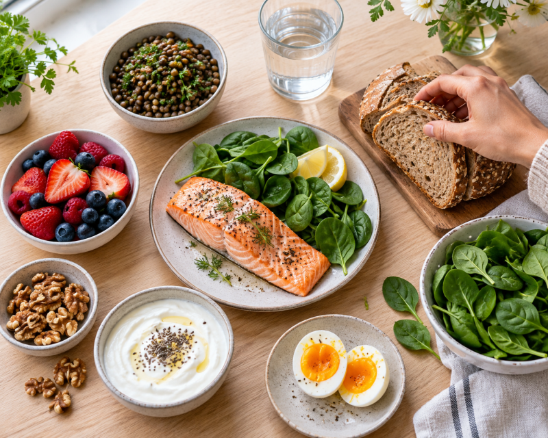 Nährstoffreiche Lebensmittel wie Lachs, Linsen, Vollkornbrot, Joghurt, Eier, Spinat, Beeren und Walnüsse auf einem hellen Holztisch.