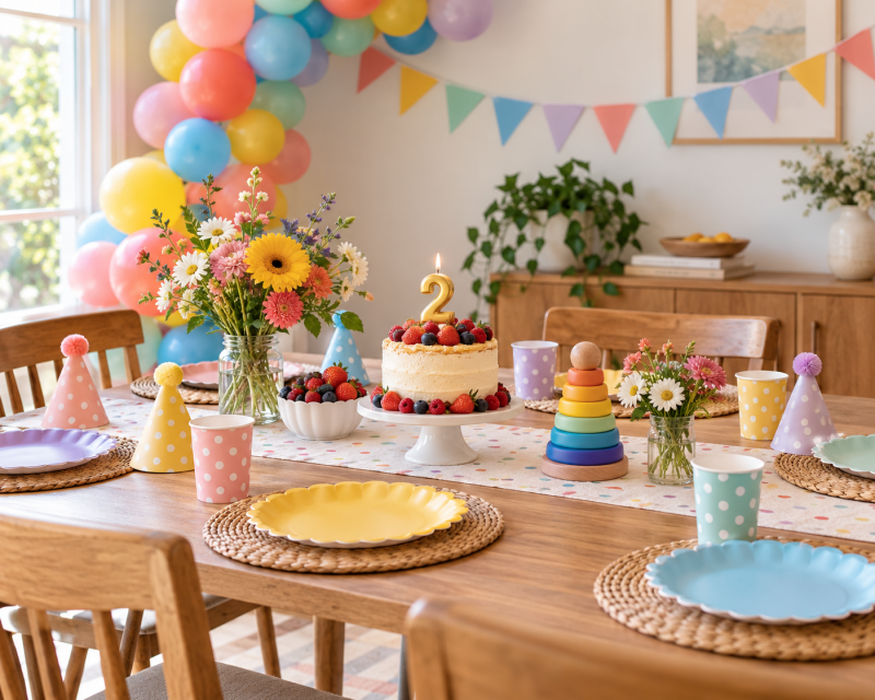 Bunt dekorierter Geburtstagstisch zum zweiten Geburtstag mit Ballongirlande, Wimpelkette, Beerentorte mit Zahlenkerze 2, Blumen und buntem Geschirr.