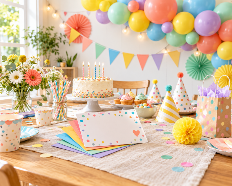 Farbenfroh dekorierter Tisch für einen Kindergeburtstag mit Ballongirlande, Wimpeln, Partyhüten, Einladungskarten und Mitgebseln.