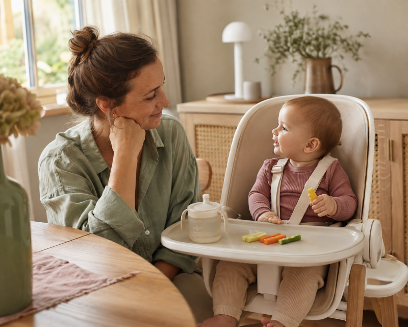 Mama begleitet ihr Baby entspannt beim ersten Babybrei im Hochstuhl
