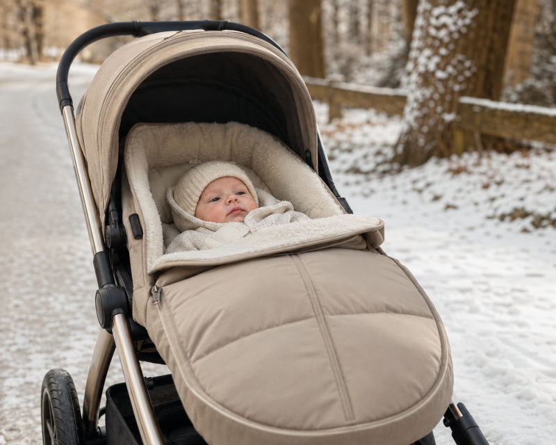 Mutter bei einem Winterspaziergang mit warm eingepacktem Baby im Kinderwagen