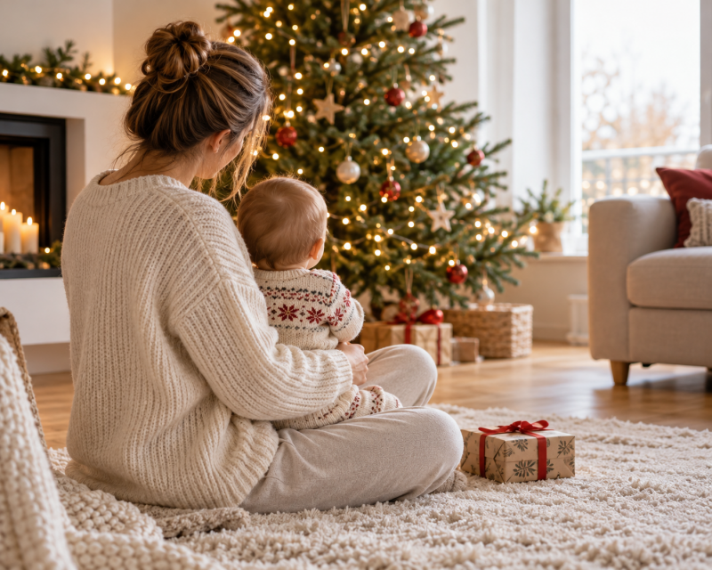 Mutter sitzt mit ihrem Baby vor dem festlich geschmückten Weihnachtsbaum und genießt das erste Weihnachten gemeinsam.