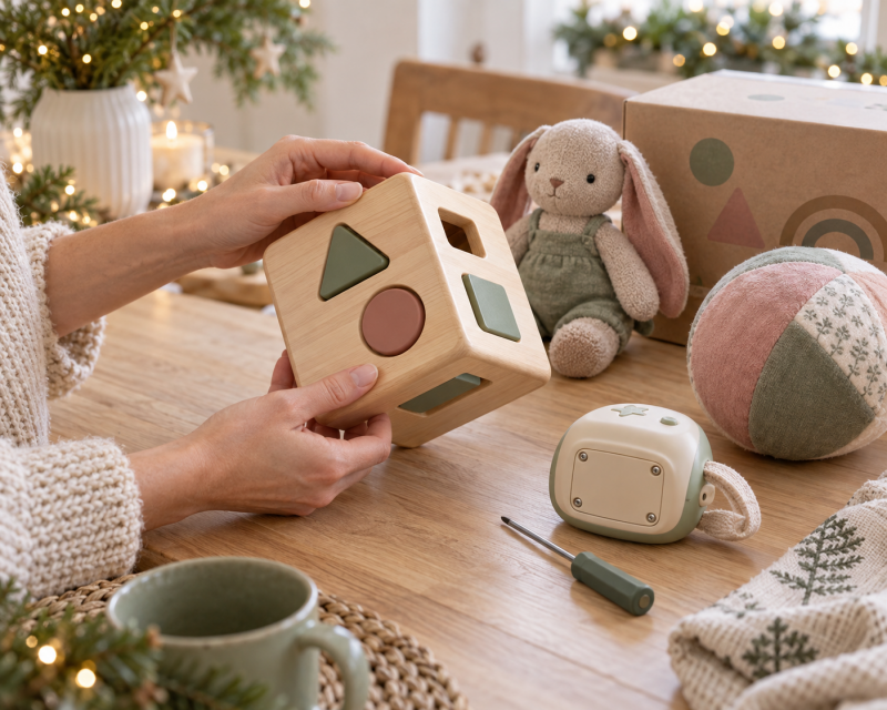 Erwachsene prüft die Verarbeitung eines Holzspielzeugs neben Stoffspielzeug und einem sicher verschraubten Batteriefach.