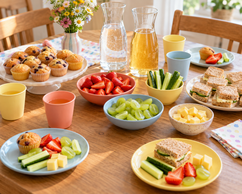 Einfacher Snacktisch für einen Kindergeburtstag mit Muffins, Obst, Gemüse, Mini-Sandwiches und bunten Getränkebechern.