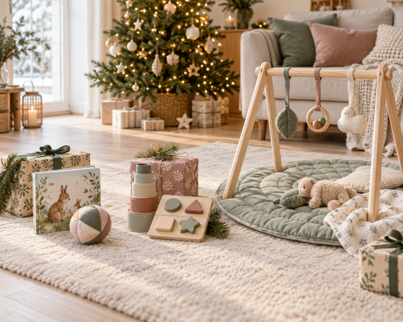 Weihnachtliche Geschenkideen für Babys und Kleinkinder mit Bilderbuch, Stapelbechern, Holzpuzzle und Spielbogen.