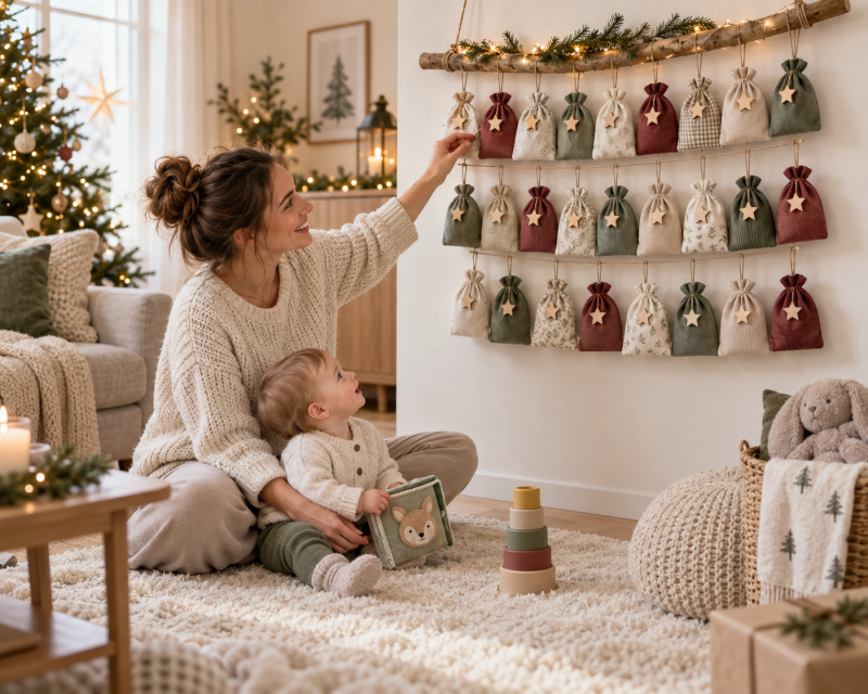 Mutter gestaltet mit ihrem Baby einen selbst gemachten Adventskalender aus weihnachtlichen Stoffbeuteln im gemütlichen Wohnzimmer.