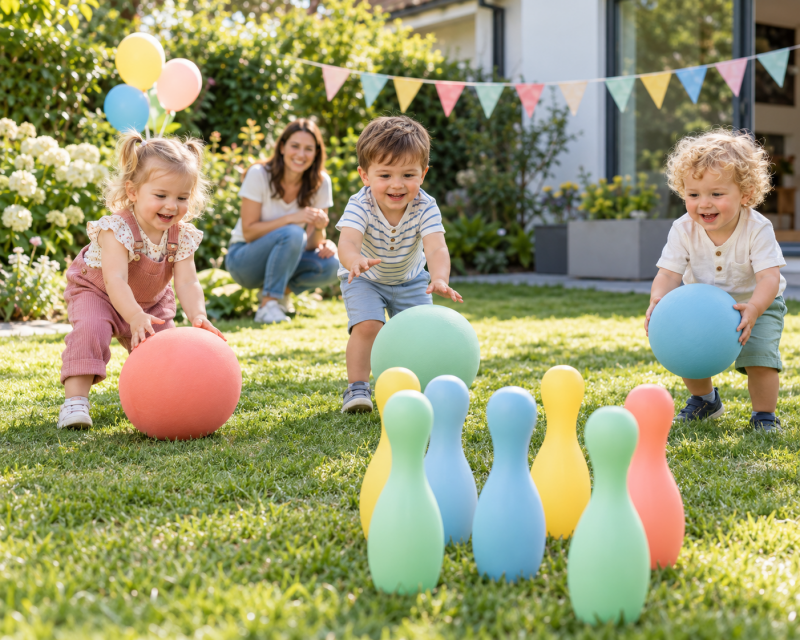 Kleine Kinder spielen bei einem Kindergeburtstag im Garten mit bunten Bällen und großen Kegeln.