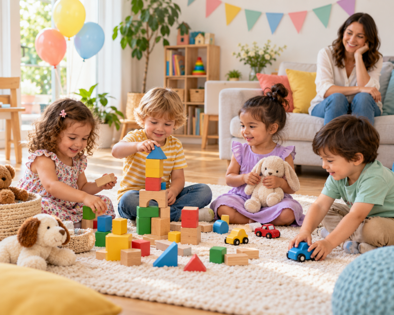 Vier Kinder spielen bei einer kleinen Kinderparty mit Bauklötzen, Autos und Kuscheltieren, während eine Mutter im Hintergrund dabei ist.