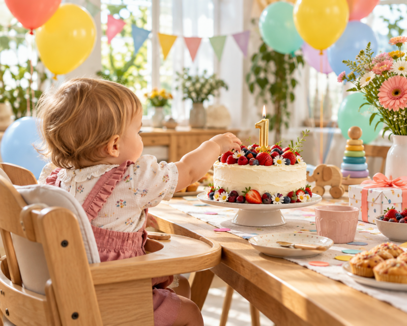 Einjähriges Kind sitzt im Hochstuhl und greift nach einer Beerentorte mit Zahl-1-Kerze; im Hintergrund bunte Ballons und Geburtstagsdeko.