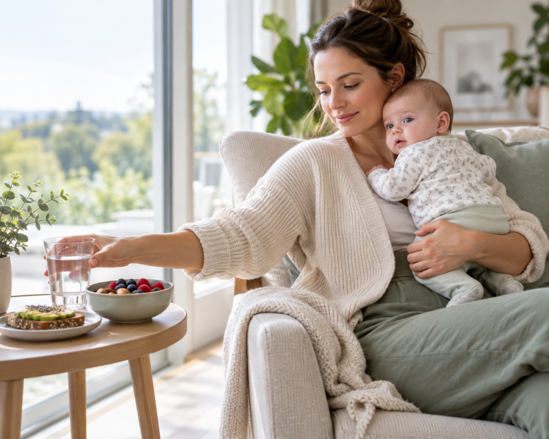 Mama hält ihr Baby im Arm und greift nach einem Glas Wasser, neben ihr stehen ein gesunder Snack und Vollkornbrot bereit.