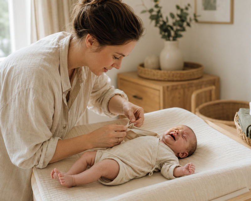 Baby weint beim Anziehen, während seine Mutter es ruhig begleitet und seine Hand hält