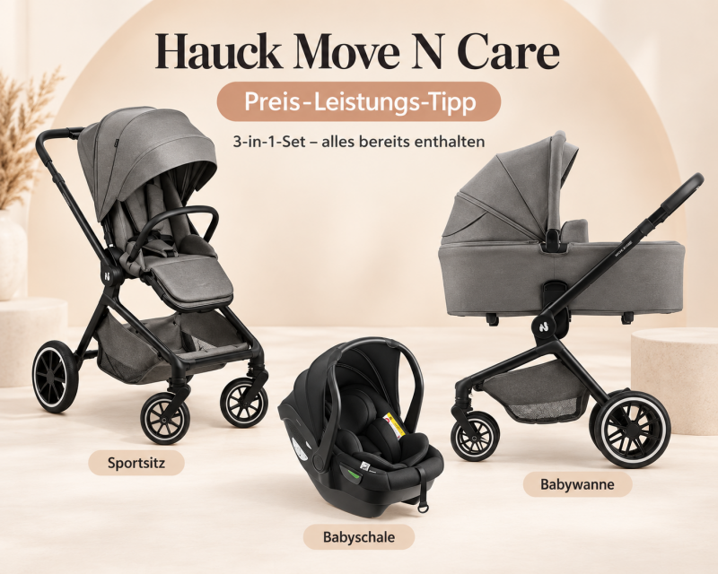 Hauck Move N Care 3-in-1-Kinderwagen-Set in Dark Grey mit Sportsitz, Babywanne und Babyschale