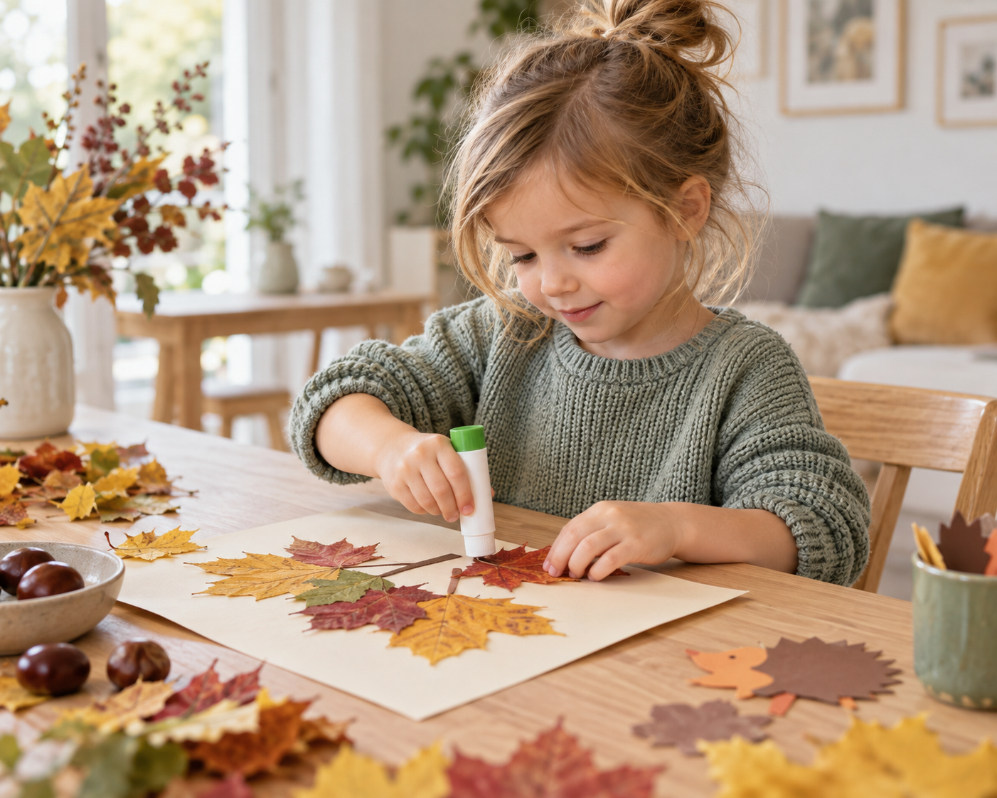Kind bastelt herbstliches Bild mit bunten Blättern