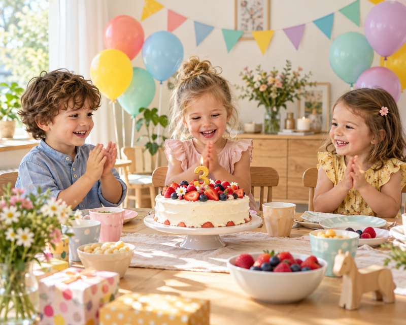 Drei Kinder feiern gemeinsam den dritten Geburtstag mit einer Beerentorte und Zahlenkerze 3.