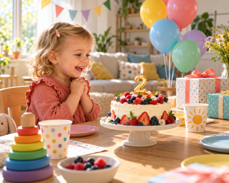 Fröhliches zweijähriges Kind vor einer Beerentorte mit Zahlenkerze 2, bunten Ballons, Geschenken und Geburtstagsdeko.