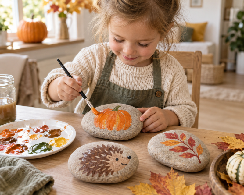Kind bemalt große Steine mit herbstlichen Motiven